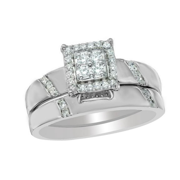 AFFY White Natural Diamond Square Frame Bridal Ring Set In 10k White Gold (0.2 Cttw)