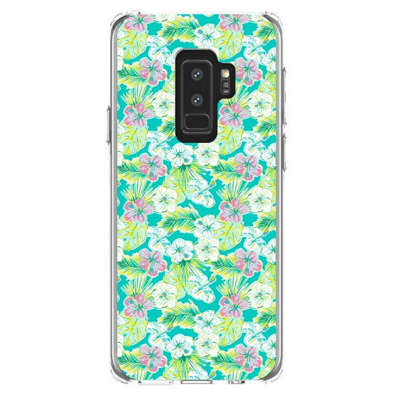 DistinctInk Clear Shockproof Hybrid Case for Samsung Galaxy S9  PLUS (6.2" Screen) - TPU Bumper, Acrylic Back, Tempered Glass Screen Protector - Preppy Pattern - Green Pink White Flowers Floral