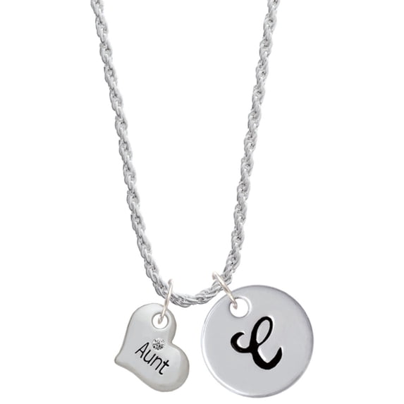 Delight Jewelry Silvertone Small ''Aunt'' Heart with Clear Crystal Silvertone Script Initial Disc - C - Charm Necklace, 20"+3"