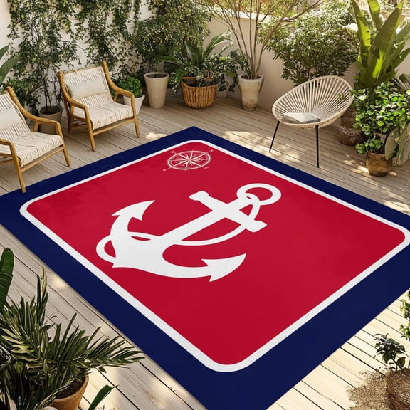 Nautical Anchor Outdoor Rug for Patio/Deck/Porch, Non-Slip Large Area Rug 5 x 8 Ft, Blue Red Coastal Ocean Beach Compass Indoor Outdoor Rugs Washable Area Rugs, Reversible Camping Rug Carpet Runner