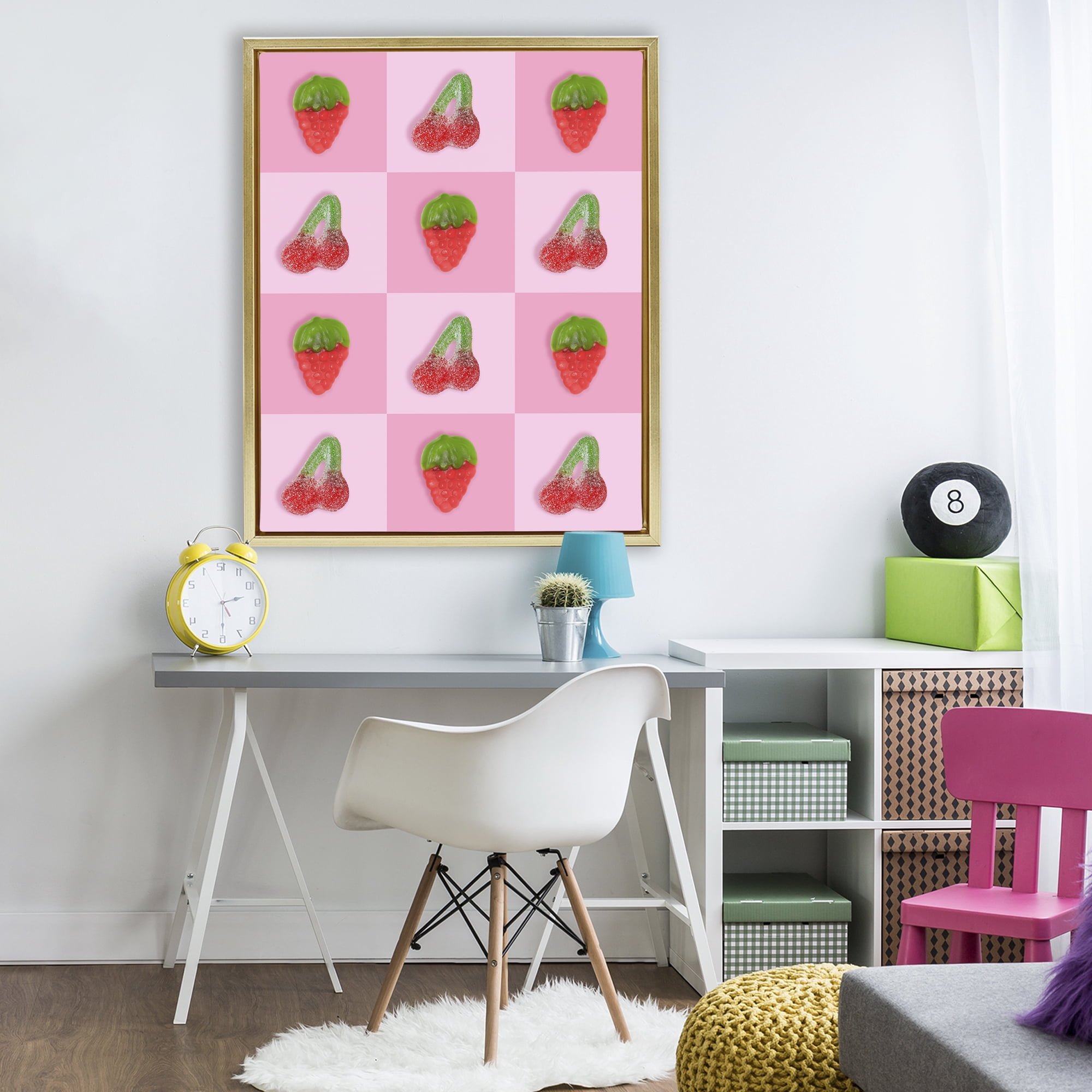 Stupell Industries Gummy Strawberry and Cherry Checkerboard Gold Framed Floater Canvas Wall Art, design by LISH Creative