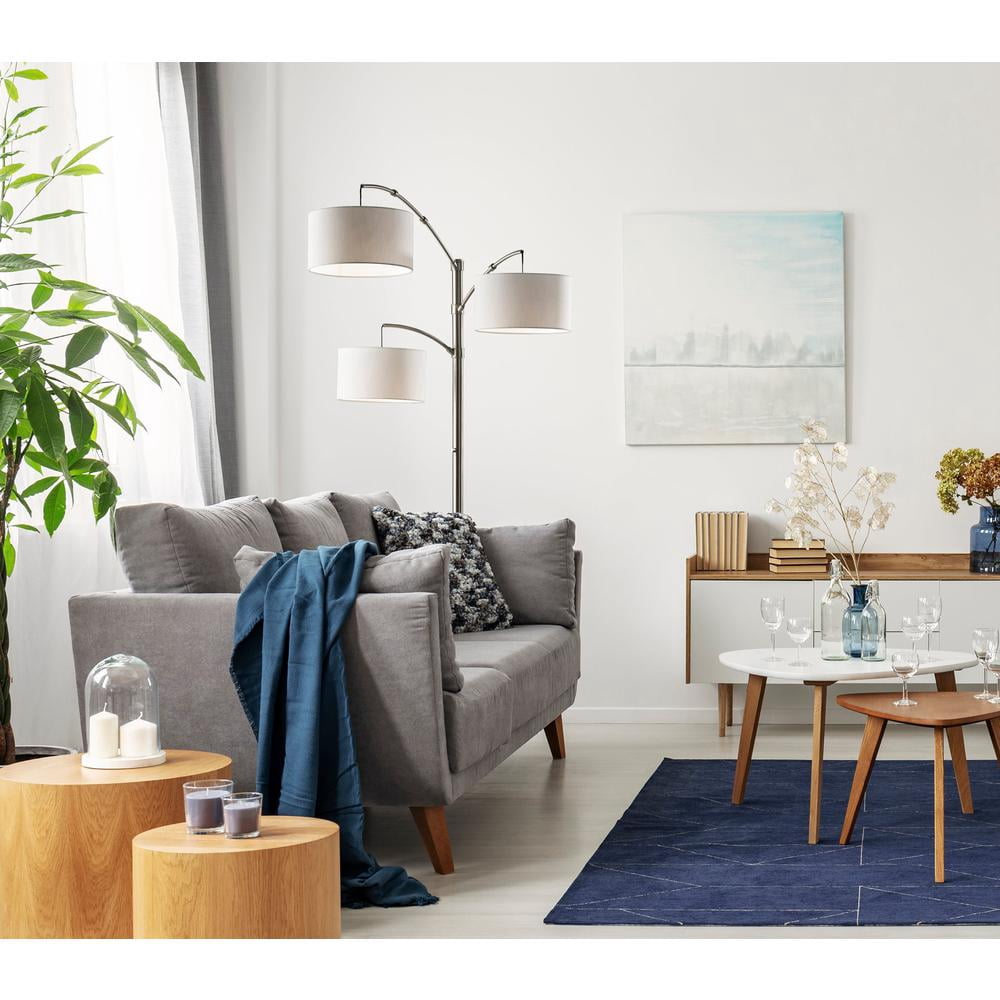Adesso Cabo Arc Lamp, Brushed Steel, Textured White Fabric Shade