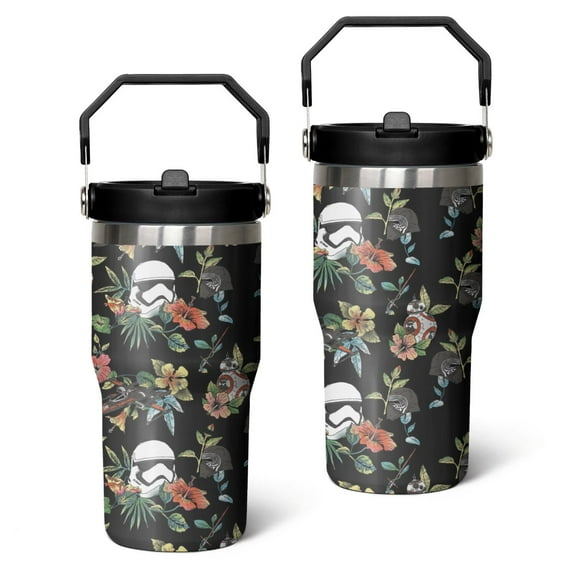 20oz Space Sci-Fi Stainless Steel Tumbler with Lid and Straw,Black and White Floral Modern Spill Proof Travel Cup Double Wall Vacuum Insulated Coffee Mug with Top Handle Black