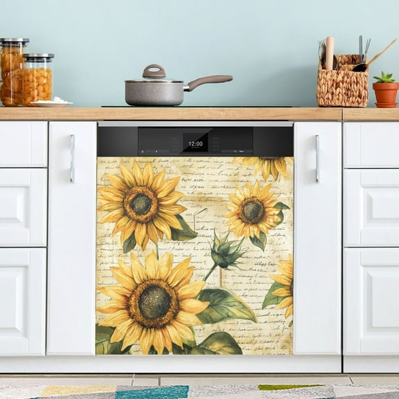 Dishwasher Sticker Dishwasher Cover Magnet Refrigerator Home Decorative Art Kitchen Panel Decal Vintage Sunflowers 23x26 Inch