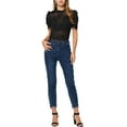 thumbnail image 2 of INSPIRE CHIC Women's Lace Blouse Mock Neck Puff Short Sleeves Embroidery Lace Tops Black L, 2 of 6