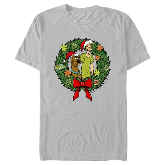 Men's Scooby Doo Christmas Shaggy and Scooby Wreath Graphic Tee Silver 3X Large