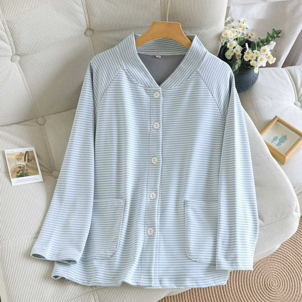Ropa interior térmica para mujer, pijama de invierno de terciopelo a rayas con cuello en V, manga larga y bolsillo para el hogar, top de poliéster para mujer