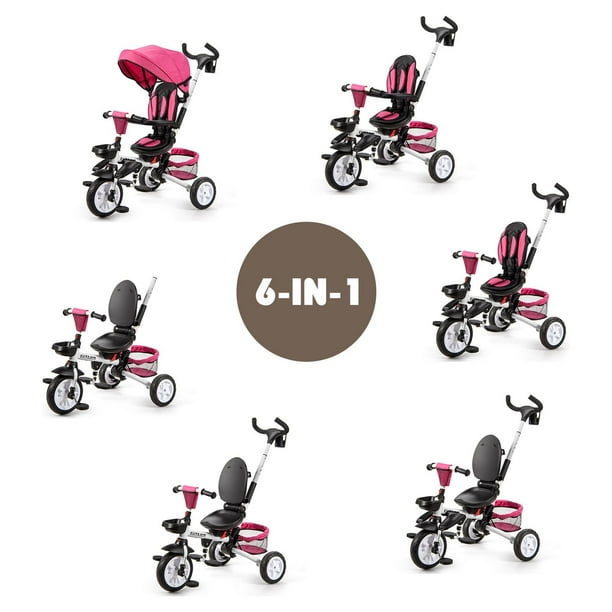 6 in 1 Detachable Kids Baby Stroller Tricycle with Canopy and Safety Harness Pink Costway