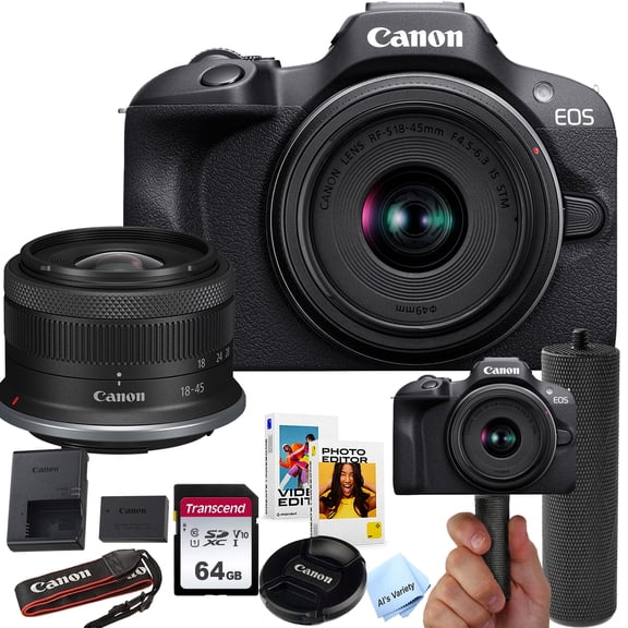 Canon EOS R100 24.2MP APS-C CMOS Sensor Mirrorless Camera with 18-45mm Lens   64GB Memory   Stabilizing Grip   Software Pack  More (Value Bundle)