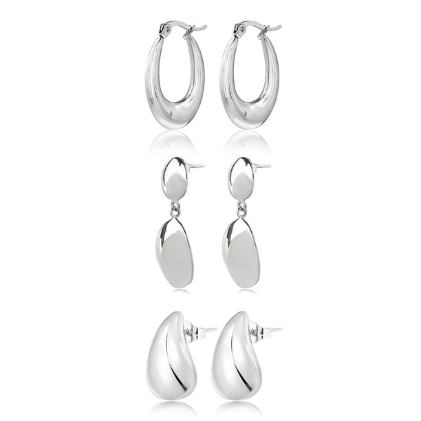 JeenMata Juego de 3 Pares de Pendientes de Moda para Mujer en Baño de Oro Blanco, Pendientes de Aro, Pendientes Hipoalergénicos, Colgantes y Gruesos, Regalo de Joyería para Mujer