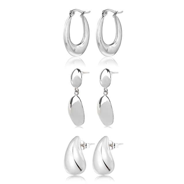 JeenMata Juego de 3 Pares de Pendientes de Moda para Mujer en Baño de Oro Blanco, Pendientes de Aro, Pendientes Hipoalergénicos, Colgantes y Gruesos, Regalo de Joyería para Mujer