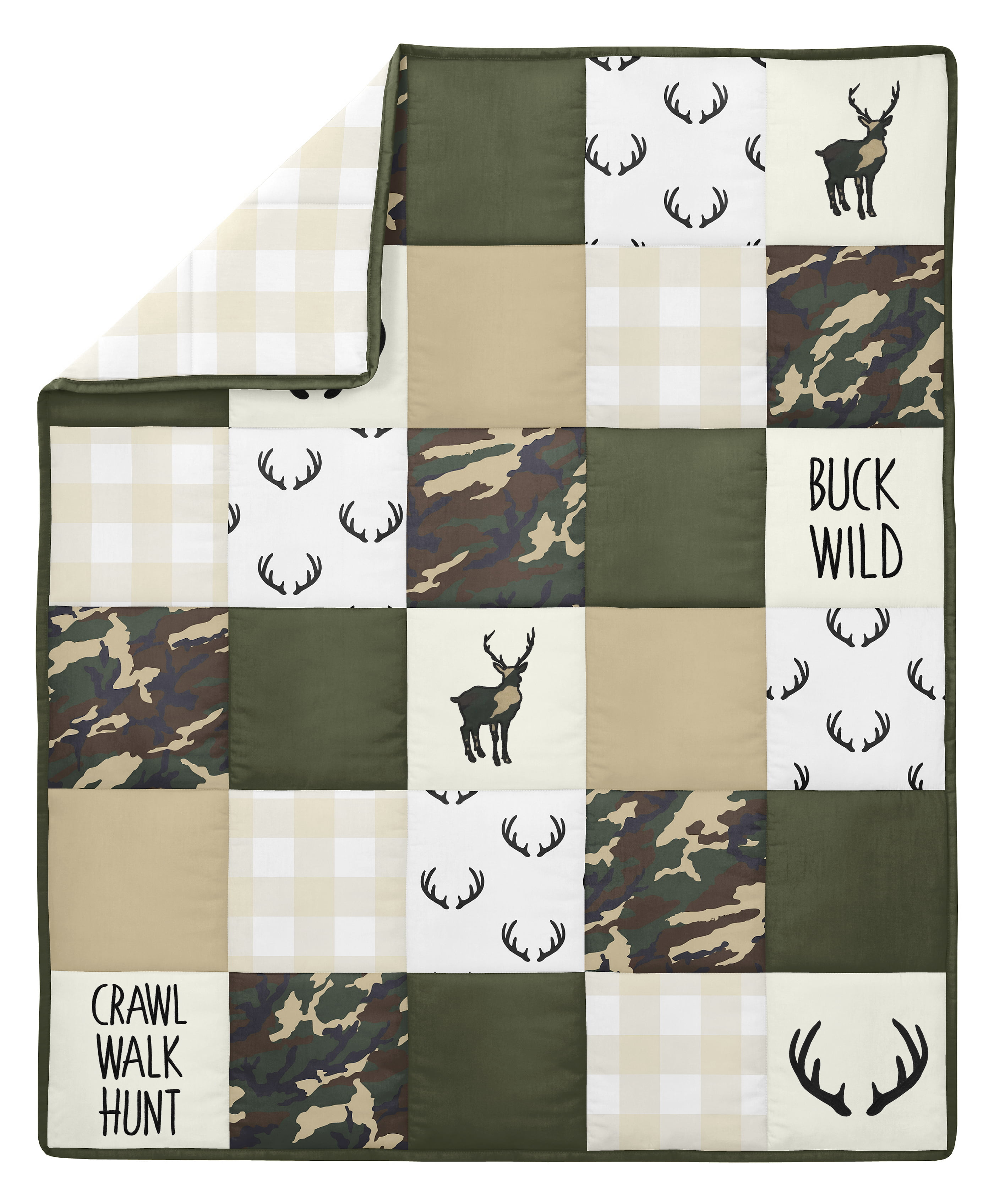 Sweet Jojo Designs Green and Beige Rustic Deer Buffalo Plaid Check Musical Baby Crib Mobile for Woodland Camo Collection 