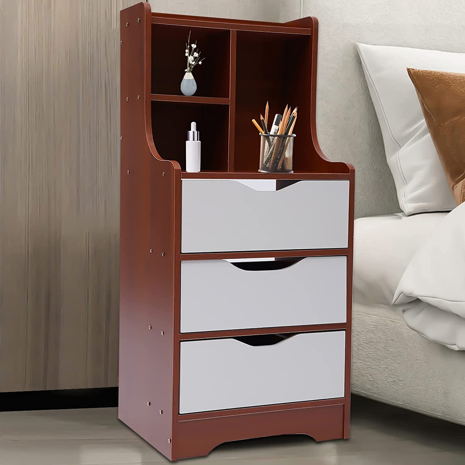 Miumaeov Nightstands, Bedside Table with Drawers and Open Shelf Storage