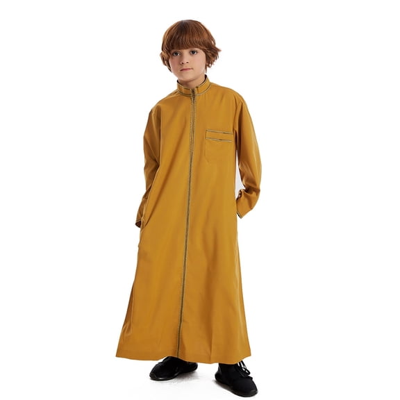 Fgnfyis Elegant Arabic Thobe Traditional Kaftan Robe Set for Teenage Boys Long Sleeve Embroidered National Childrens Wear Gold 7-8 Years