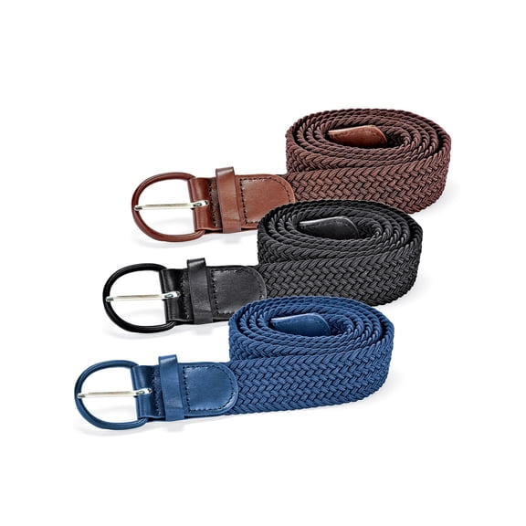 Collections Etc Unisex Polyester Braided Elastane Stretch Belt, Black Brown Navy Blue, 3 Pack, XL