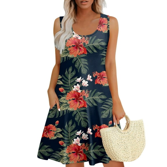Dresses for Women Summer Casual Sundress Beach Vacation Sleeveless Tank Dress with Pockets