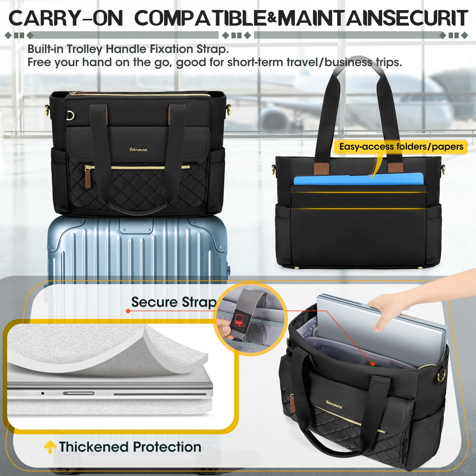RAINSMORE Teacher Tote Bag 15.6 inch Laptop Bag for Women with Small Bag Professional Work Tote Bags Nurse Bag Computer Briefcase,Black