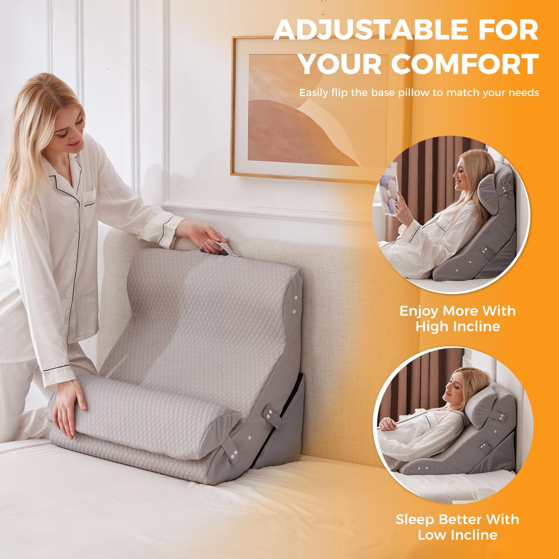 3pcs Wedge Pillow Set For After  Adjustable Bed Sitting Up Acid Reflux Headboard Sleeping & Grey