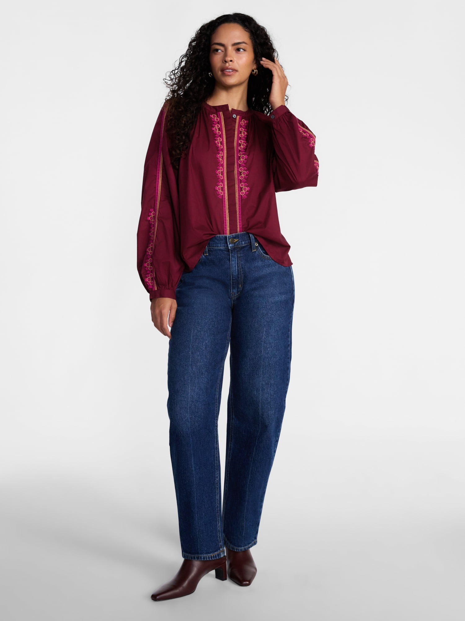 Scenario Women's Embroidery Top with Long Sleeves, Sizes XS-XXXL