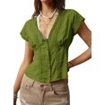 thumbnail image 2 of Women'S Lace Trim V Neck Blouse Short Sleeve Shirred Shirt Tops Summer Vacation Clothes Green L, 2 of 8
