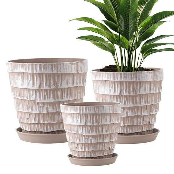 FOUKUS Plant Pots Set of 3 - 7.5/6.5/5.5 Inch Plastic Planters with Drainage Hole and Tray - Decorative Indoor Outdoor Flower Pots for Succulent Herb Orchid Garden - Taupe