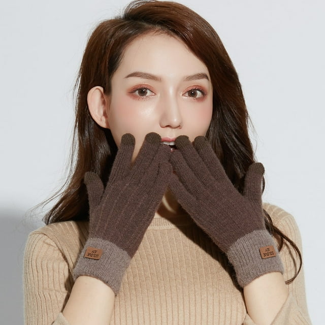 Brown Gloves Mittens Ladies' Alpaca Like Knitted Gloves with Fleece Lined Interior Double Layer Wrist Opening and Sensitive Screen Function for Warmth