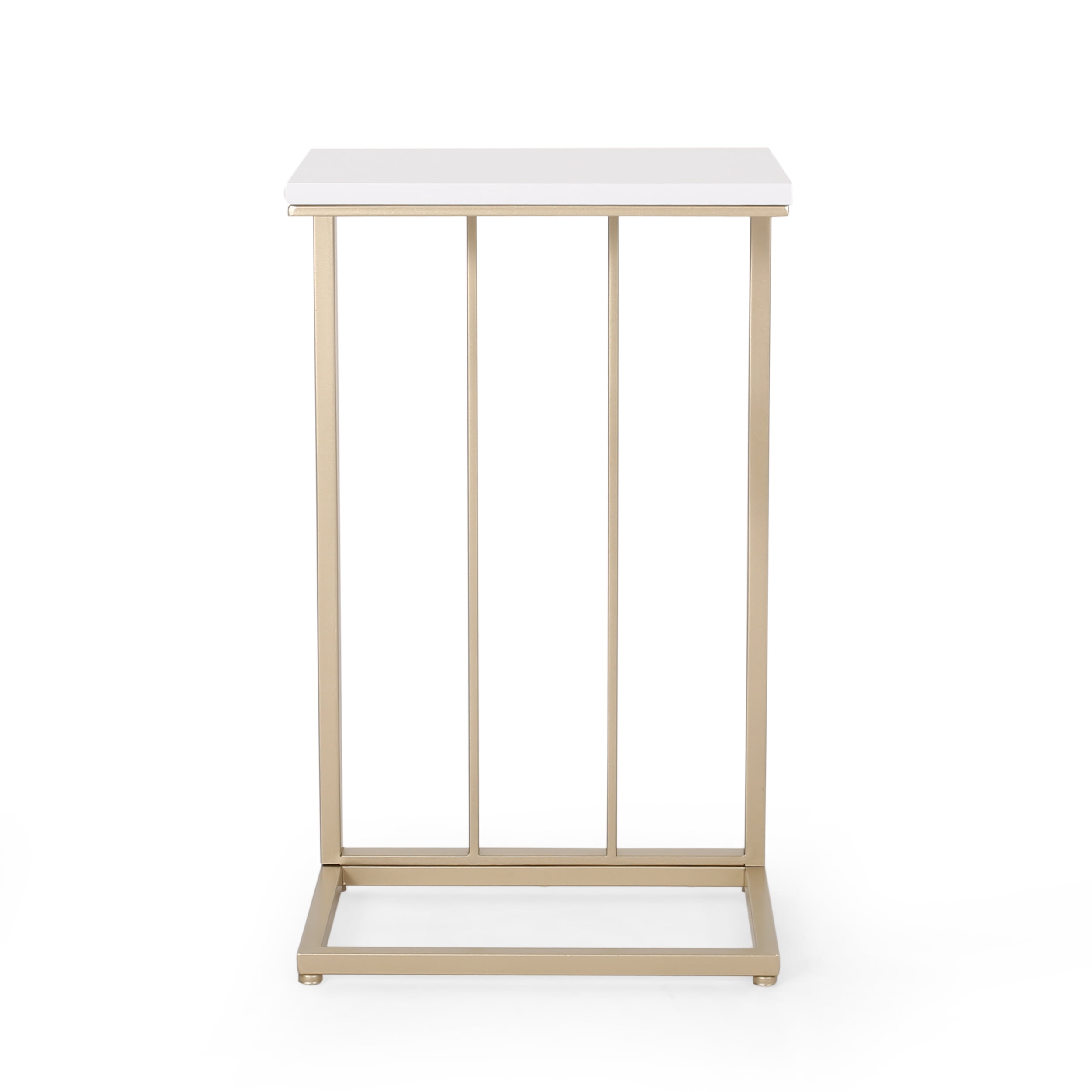 Noble House Miguel Modern Glam Faux Wood End Table, White, Champagne Gold