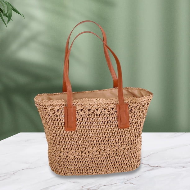 Bolso De Paja Tejido Con Cremallera - Bandolera Cuadrada Para Playa, Verano Y Viajes, Color Caqui