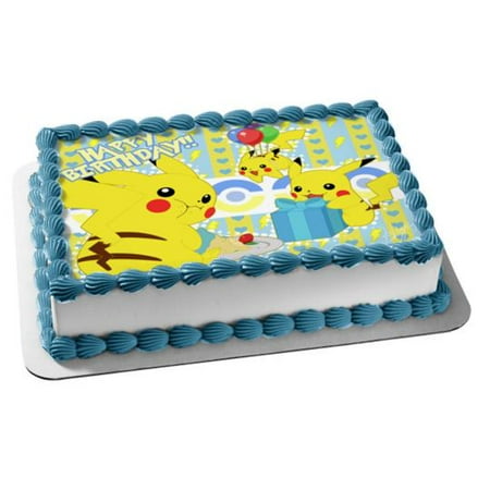 Pokemon Happy Birthday Pikachu Balloons Present Edible Cake Topper Image