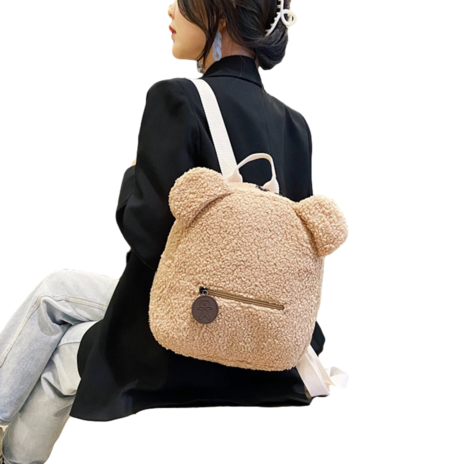 Puloru Women Girls Cute Bear Ear Fleece Solid Color Small Backpack Daypack - image 2 of 5