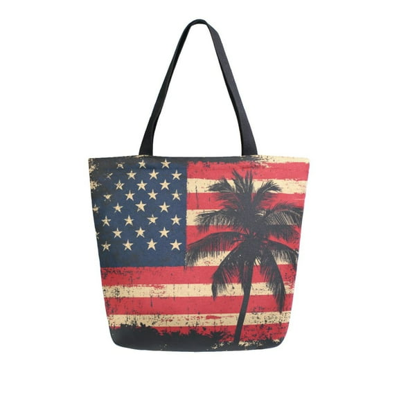 Durable Canvas Tote Bag with Zip Pocket Bags for Woman Shoulder Versatile Carryall for Everyday Use American Flag with Palm Trees