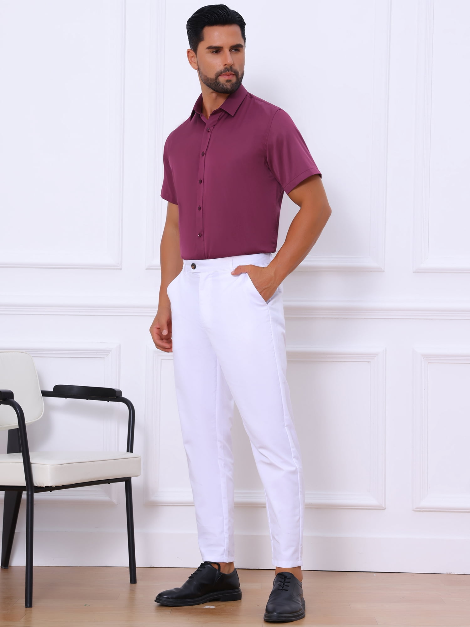 Unique Bargains Men's Short Sleeve Lightweight Business Button Down Shirt L Burgundy