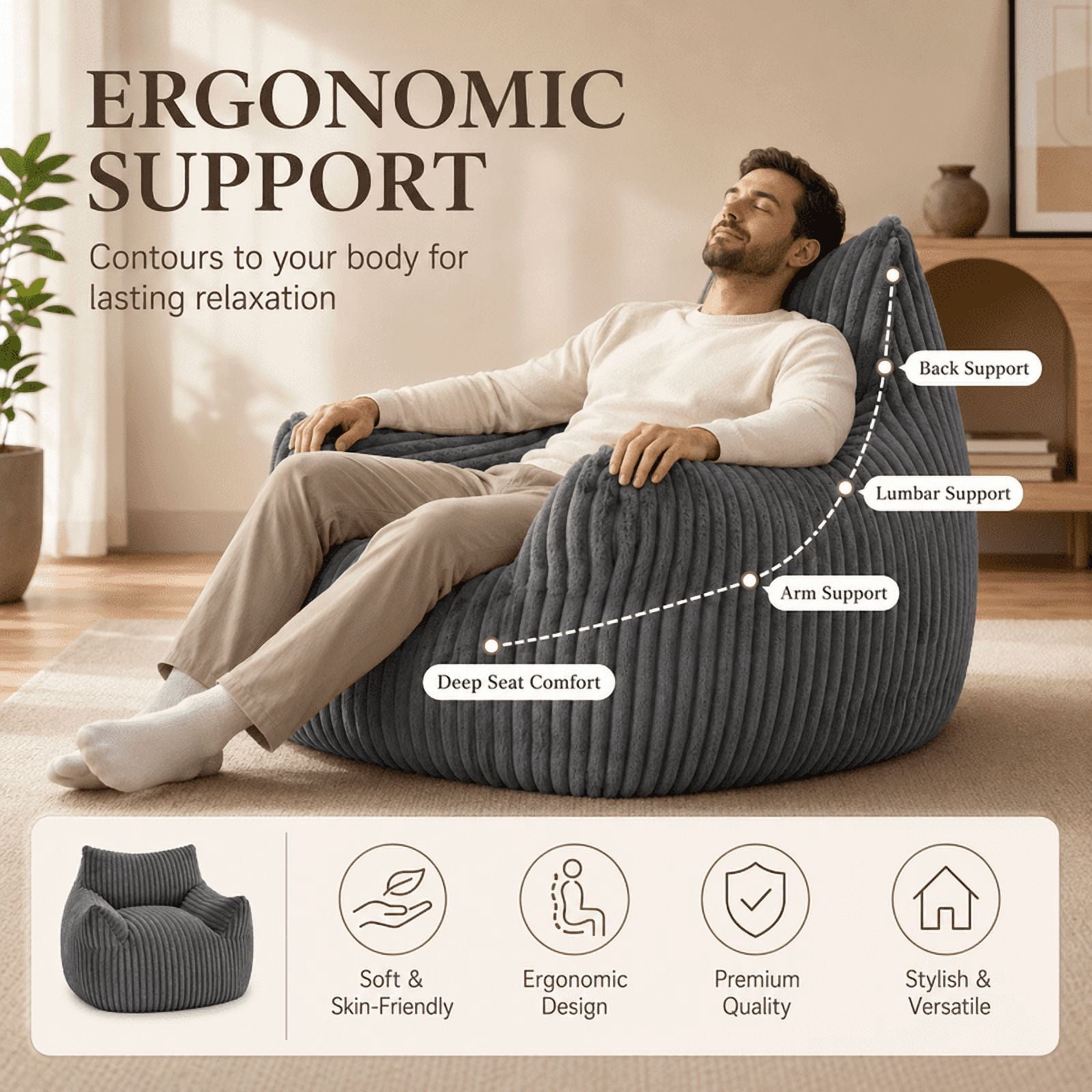 Giant Bean Bag Chair for Adults, 46" Oversized Corduroy Bean Bag Sofa with Armrests, Shredded Foam Floor Lounge Chair, Supports 400 lbs, Black
