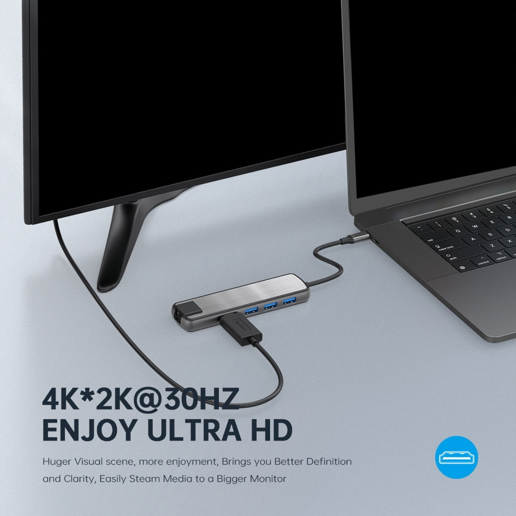 USB C Docking Station 6 in 1 Auminum USB C to USB3.0 PD60W Gigabits Ethernet Port 3x USB Adapter for Laptops