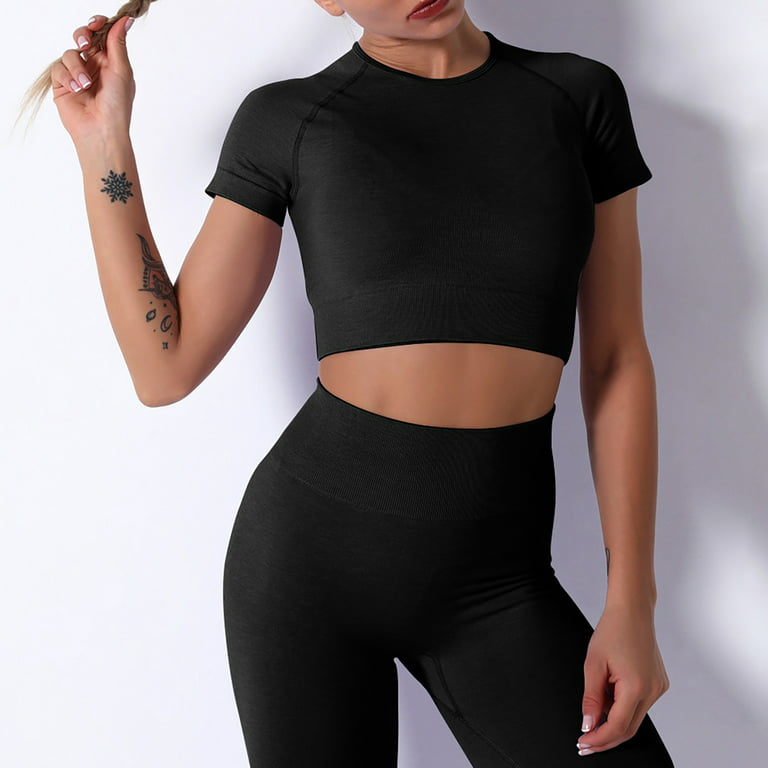 RQYYD Women's Workout Outfit 2 Pieces Seamless High Waist Yoga Leggings  with Long Sleeve Crewneck Crop Top Gym Clothes Set Black S
