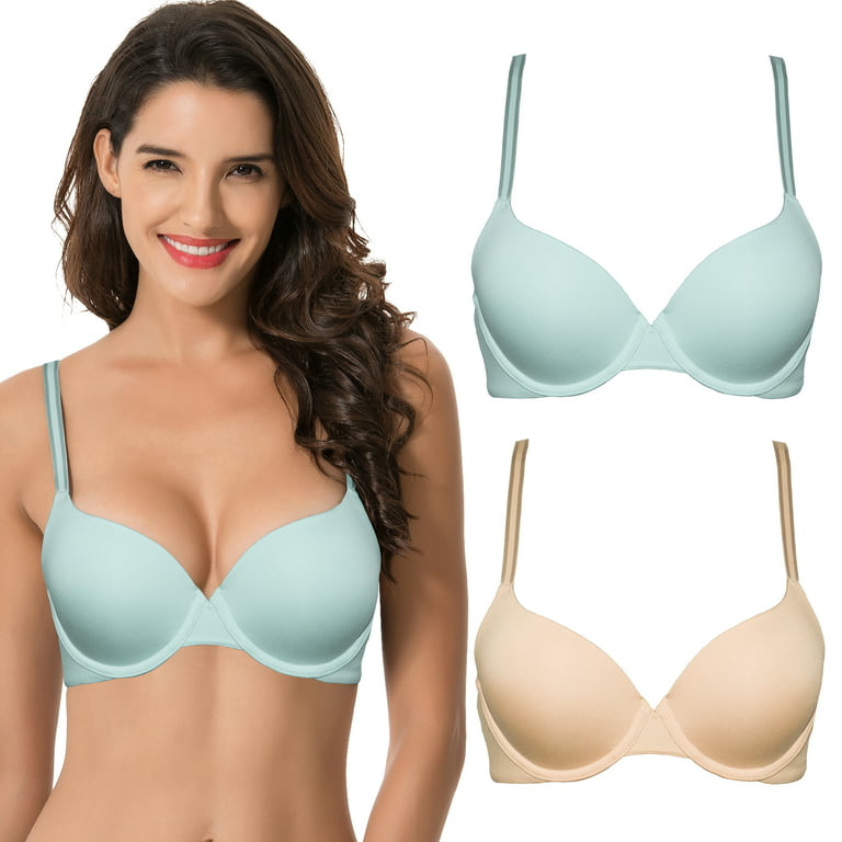 Curve Muse Women's Light Lift Add 1 Cup Push Up Underwire Convertible  Tshirt Bra-2PK-Nude,Lt Blue-42DDD