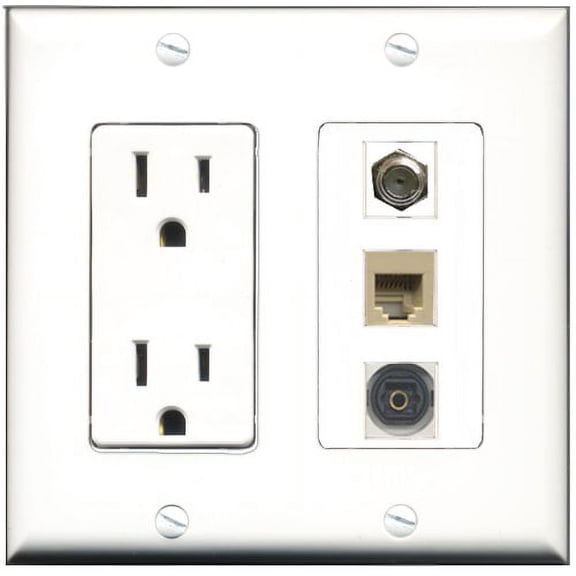 RiteAV - 15 Amp Power Outlet 1 Port Coax 1 Port Phone Beige 1 Port Toslink Decorative Wall Plate