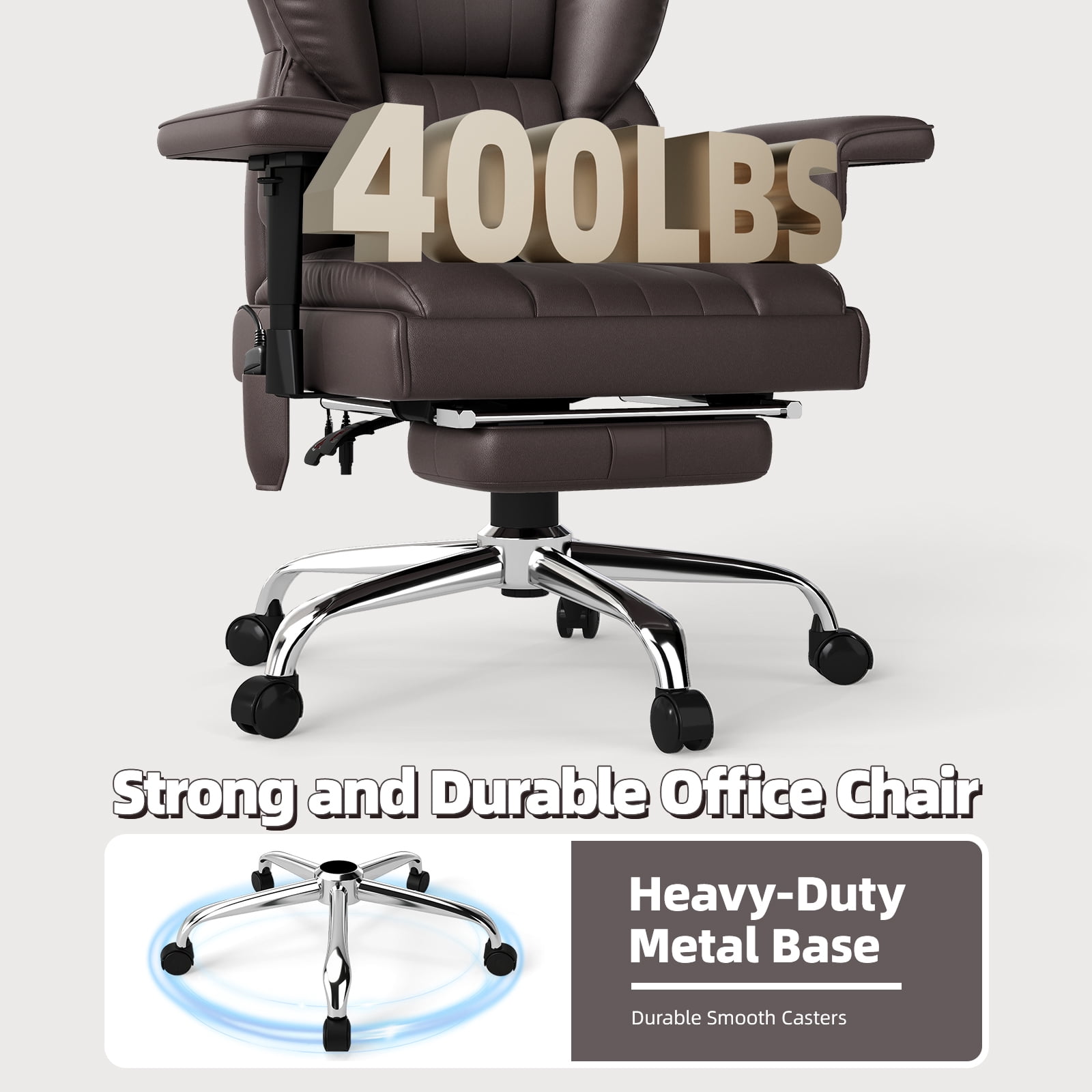 Massage Heated Office Chair with Foot Rest - 6 Points Vibration 400LBS Executive Office Chair with Adjustable Headrest, Armrest and Lumbar Pillow, Comfy Leather Desk Chair for Home Office, Brown