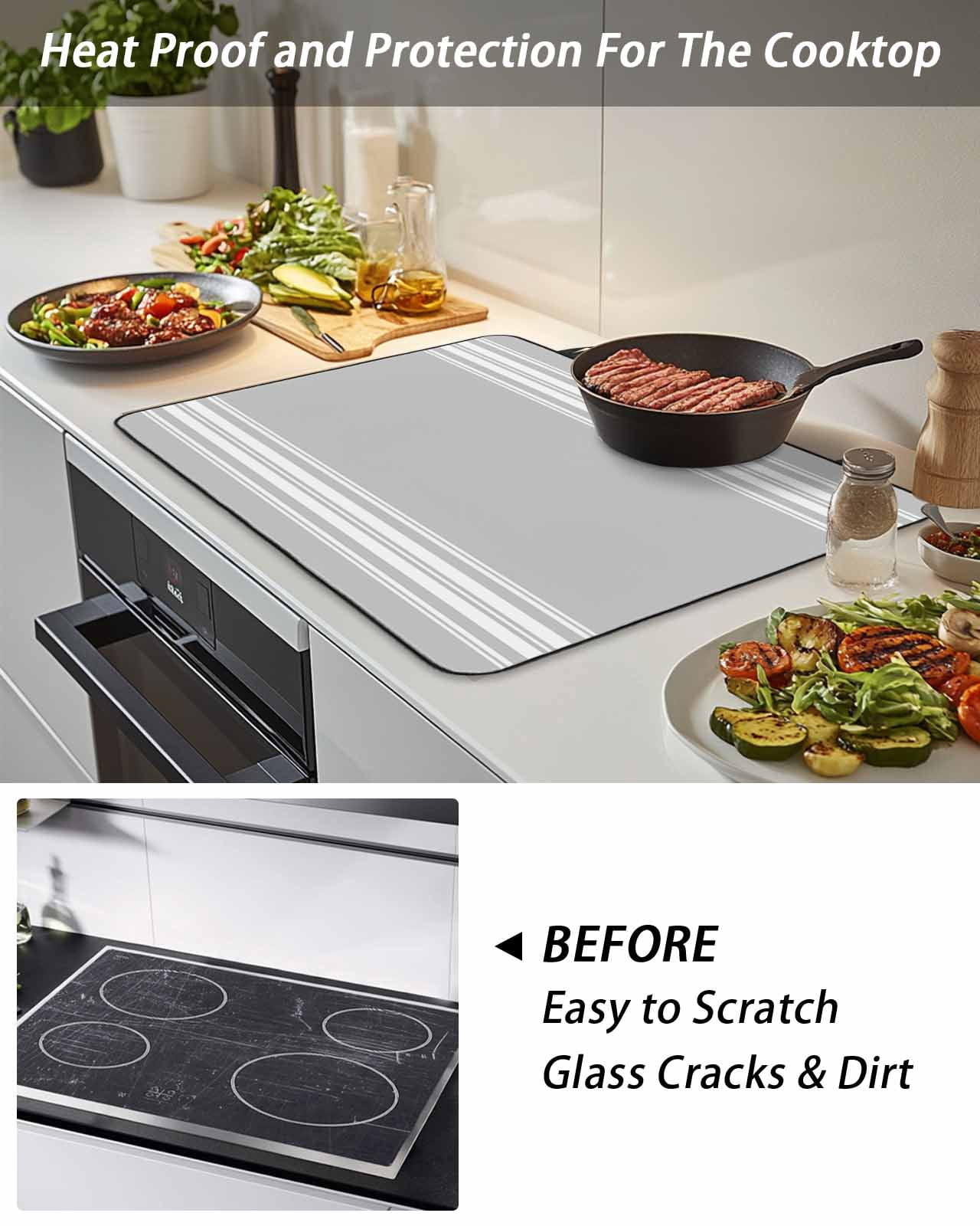 Stove Top Covers for Electric Stove, Grey Striped Glass Stovetop Cover Protector, Luxurious White Stripes Modern Abstract Art Induction Cooktop Protector Oven Mat for Kitchen Countertop 36"x21"