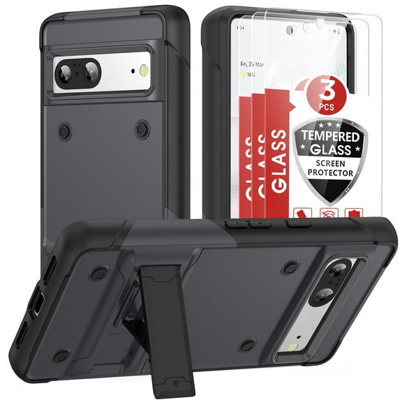Allytech Google Pixel 7A Case + 3Pcs Google Pixel 7A Screen Protector, Heavy Duty Protective Shockproof Kickstand Case Cover for Google Pixel 7A 5G 6.1" - Gray