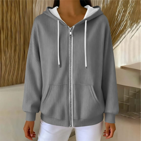 Full Zip up Hoodie for Women Oversized Long Sleeve Sweatshirts Fall Outfits Casual Fashion Jackets with Pocket New Long Sleeve Casual Loose Outerwear Gray XL