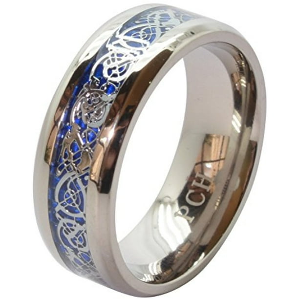 PCH Rings Men's Celtic Dragon Titanium Wedding Ring Blue Fiber Band