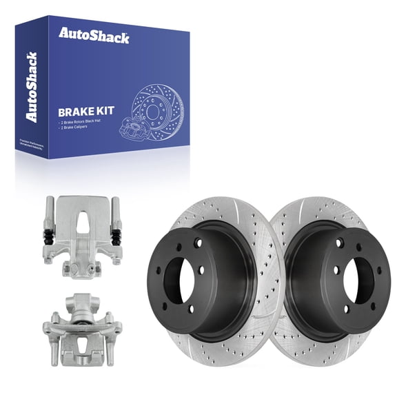 AutoShack Rear Solid Drilled & Slotted E-Coated Brake Rotors   Calipers 4-PC Brake Kit Replacement for 2009-2011 Mitsubishi Outlander ShadowGuard 11.89" (302 mm)