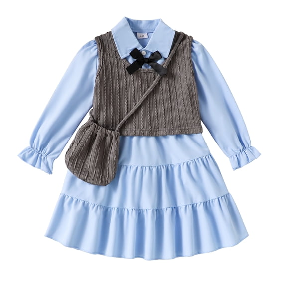 Baby Girls Clothes Toddler Girls Fall Dress 4T Girls Long Sleeve Dress 5T Girls Solid Color Dress with Vest Cute Bag Blue