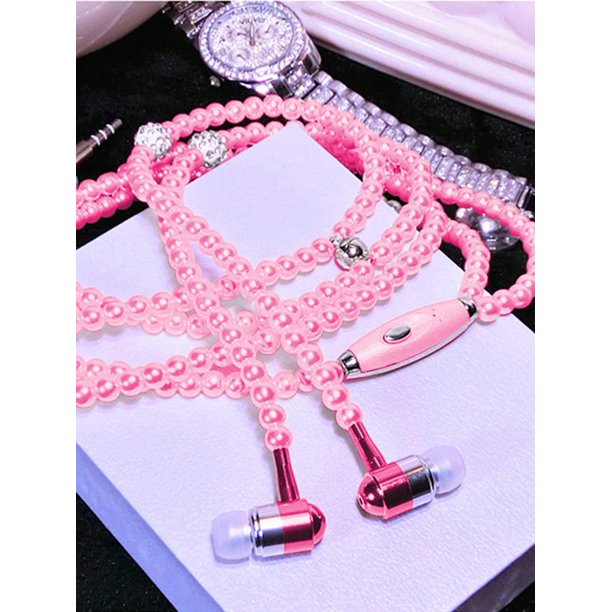 3.5MM Jack 3D Stereo Surround Sound Heavy Bass Silver Pearl Beaded Wired Headphone