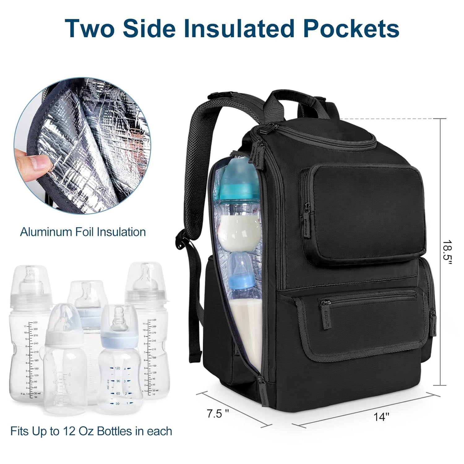 Mancro Diaper Bag Backpack, Waterproof Travel Backpack with Stroller Straps and 2 Side Insulated Pockets, Black