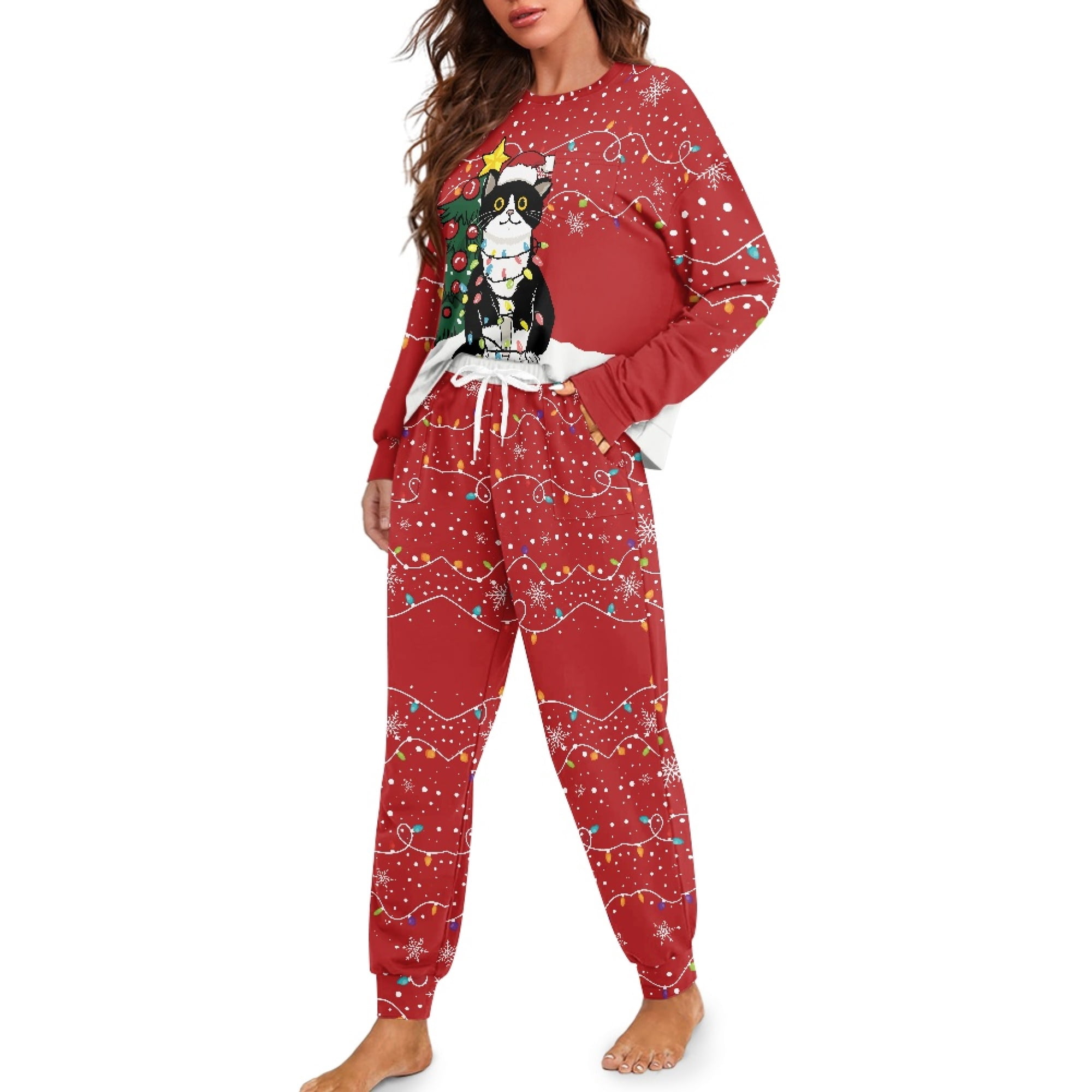 DISNIMO Womens Pajama Sets Cat Tree Print 2 Piece Pj Lounge Sets Christmas Long Sleeve Sleepwear with Long Pajama Pants Oversized Round Neck Loungewear Nightwear 2XL