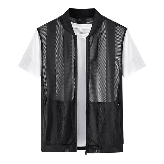 Mesh Tank Coat for Men, Breathable Polyester-Spandex Blend, Sun-Protective Outdoor Fishing Vest with Inner Pocket, Sleeveless, Black, M