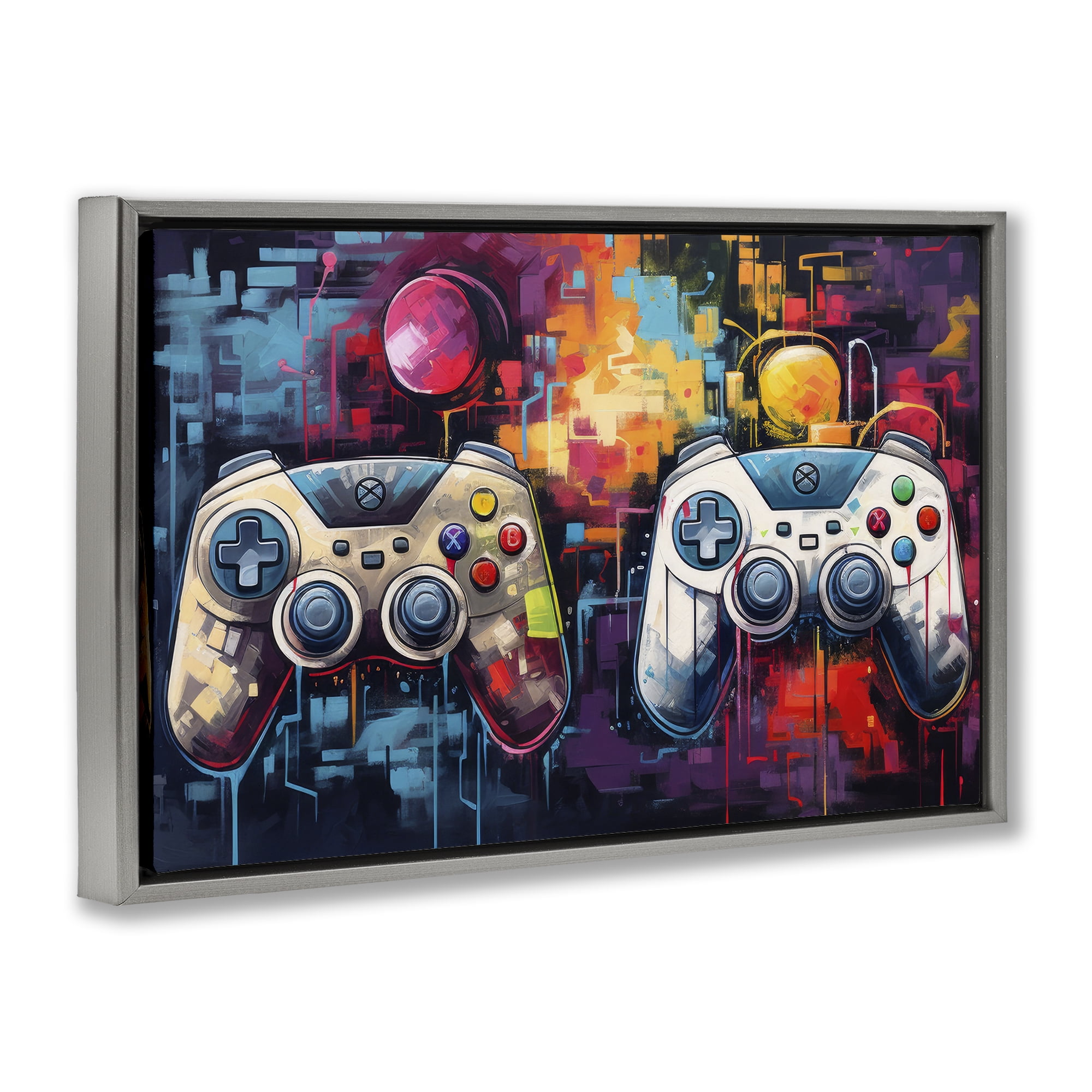 Stupell Industries Double Controller Modern Gamer Gray Framed Floater Canvas Wall Art, design by Lazar Studio