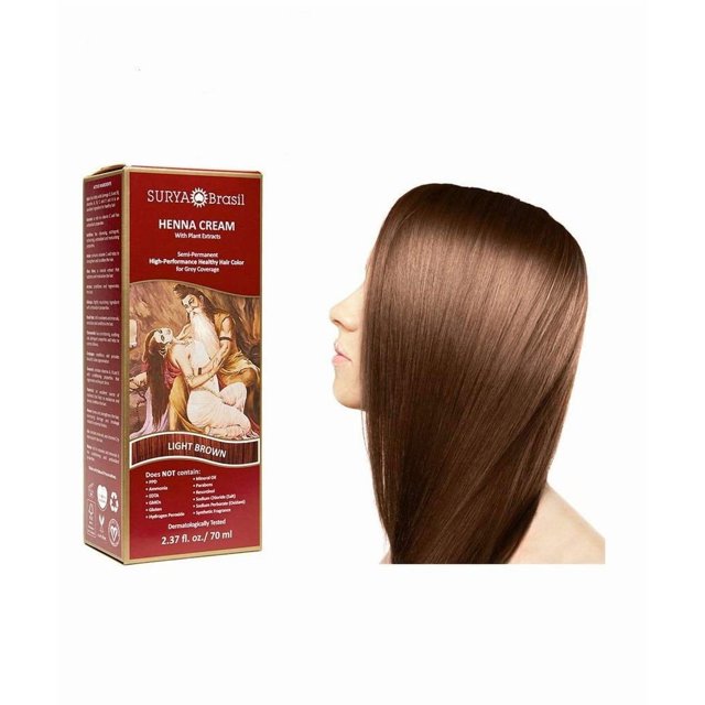 Surya Brasil Crema de henna natural de color marrón claro, tratamiento de color para el cabello gris, de cabello, acondicionamiento profundo, tinte semipermanente para el cabello, 2,37 oz/2.4 fl oz